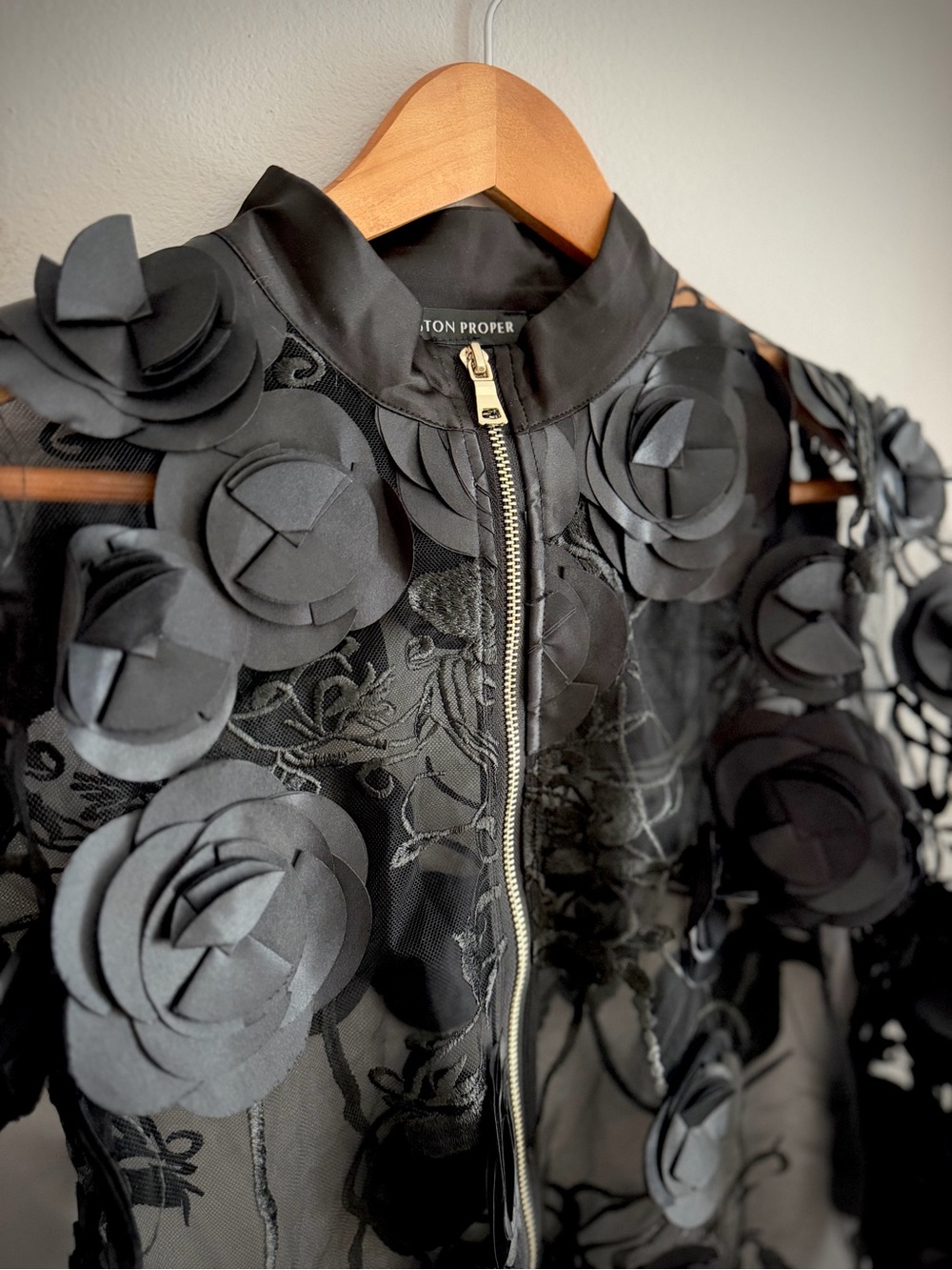 Boston Proper Black Sheer Floral Appliqué Bomber Jacket - Picture 3 of 11